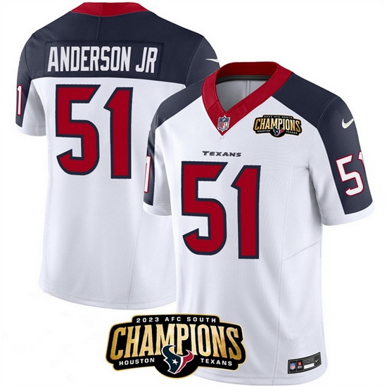 Men Houston Texans 51 Will Anderson Jr White Navy 2023 F U S E AFC South Champions Patch Limited Stitched Football Jersey Men Houston Texans 51 Will Anderson Jr White Navy 2023 F U S E AFC South Champions Patch Limited Stitched Football Jersey