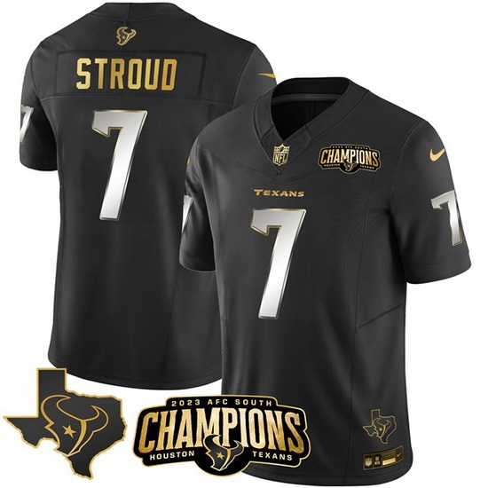 Men Houston Texans 7 C J Stroud Black Golden 2023 F U S E With AFC South Champions Patch And Team Logo Patch Limited Stitched Football Jersey Men Houston Texans 7 C J Stroud Black Golden 2023 F U S E With AFC South Champions Patch And Team Logo Patch Limited Stitched Football Jersey