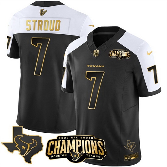 Men Houston Texans 7 C J Stroud Black White Golden 2023 F U S E With AFC South Champions Patch And Team Logo Patch Limited Stitched Football Jersey Men Houston Texans 7 C J Stroud Black White Golden 2023 F U S E With AFC South Champions Patch And Team Logo Patch Limited Stitched Football Jersey