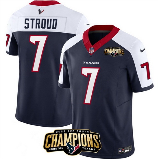 Men Houston Texans 7 C J Stroud Navy White 2023 F U S E AFC South Champions Patch Limited Stitched Football Jersey Men Houston Texans 7 C J Stroud Navy White 2023 F U S E AFC South Champions Patch Limited Stitched Football Jersey