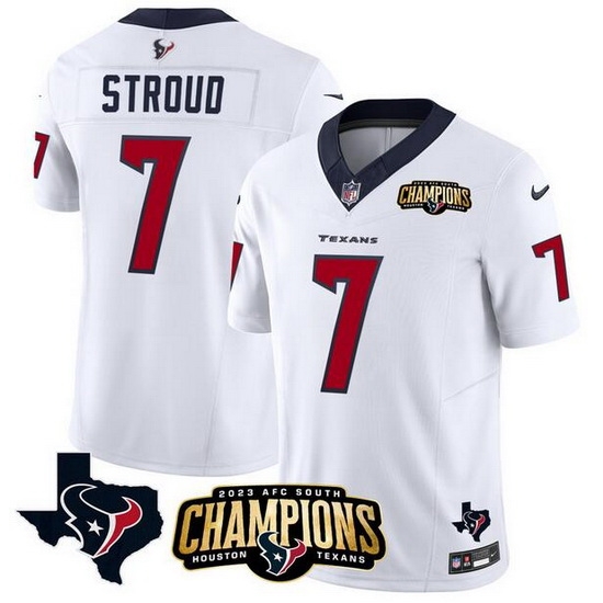 Men Houston Texans 7 C J Stroud White 2023 F U S E AFC South Champions Patch And Team Logo Patch Vapor Untouchable Limited Stitched Football Jersey Men Houston Texans 7 C J Stroud White 2023 F U S E AFC South Champions Patch And Team Logo Patch Vapor Untouchable Limited Stitched Football Jersey