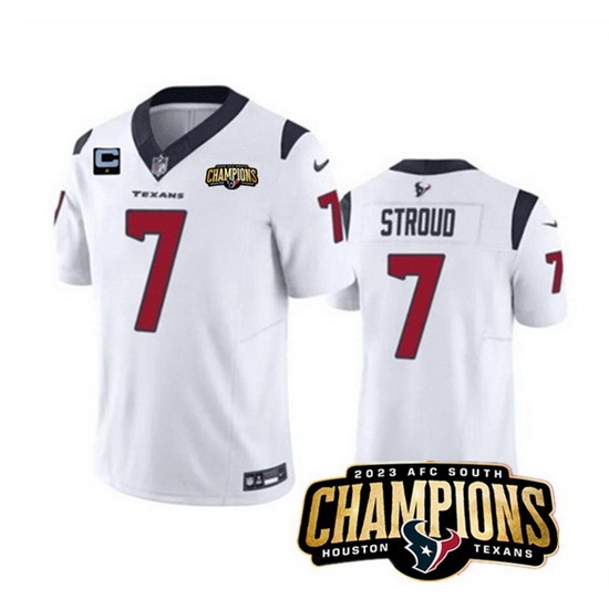 Men Houston Texans 7 C J Stroud White 2023 F U S E With 1 Star C Patch And AFC South Champions Patch Vapor Untouchable Limited Stitched Football Jersey Men Houston Texans 7 C J Stroud White 2023 F U S E With 1 Star C Patch And AFC South Champions Patch Vapor Untouchable Limited Stitched Football Jersey