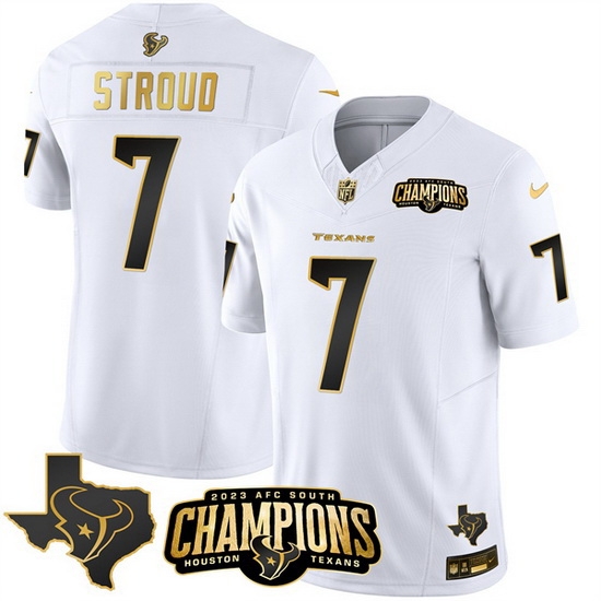 Men Houston Texans 7 C J Stroud White Golden 2023 F U S E With AFC South Champions Patch And Team Logo Patch Limited Stitched Football Jersey Men Houston Texans 7 C J Stroud White Golden 2023 F U S E With AFC South Champions Patch And Team Logo Patch Limited Stitched Football Jersey