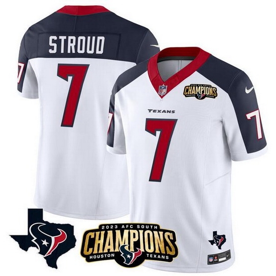 Men Houston Texans 7 C J Stroud White Navy 2023 F U S E AFC South Champions Patch And Team Logo Patch Vapor Untouchable Limited Stitched Football Jersey Men Houston Texans 7 C J Stroud White Navy 2023 F U S E AFC South Champions Patch And Team Logo Patch Vapor Untouchable Limited Stitched Football Jersey