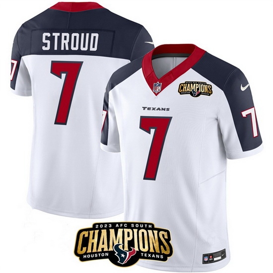 Men Houston Texans 7 C J Stroud White Navy 2023 F U S E AFC South Champions Patch Limited Stitched Football Jersey Men Houston Texans 7 C J Stroud White Navy 2023 F U S E AFC South Champions Patch Limited Stitched Football Jersey