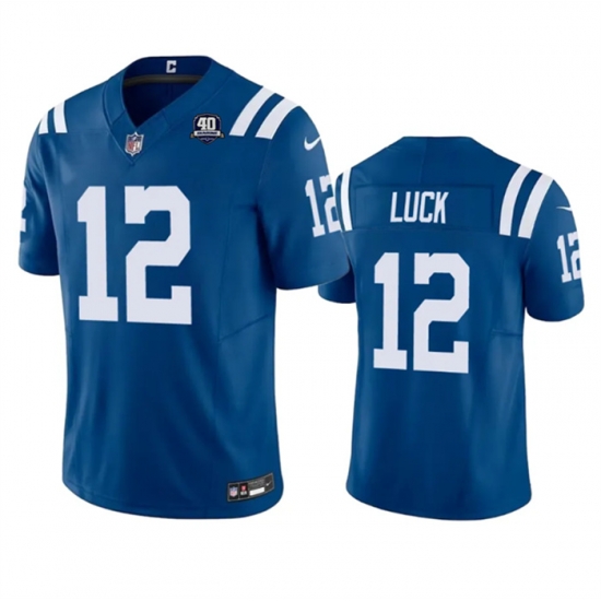 Men Indianapolis Colts 12 Andrew Luck Blue 2023 F U S E 40th Anniversary Vapor Untouchable Stitched Football Jersey Men Indianapolis Colts 12 Andrew Luck Blue 2023 F U S E 40th Anniversary Vapor Untouchable Stitched Football Jersey