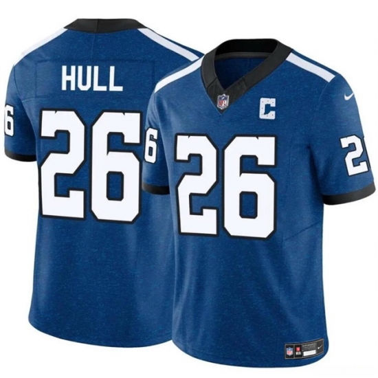 Men Indianapolis Colts 26 Evan Hull Blue 2024 F U S E Throwback Vapor Limited Stitched Football Jersey Men Indianapolis Colts 26 Evan Hull Blue 2024 F U S E Throwback Vapor Limited Stitched Football Jersey