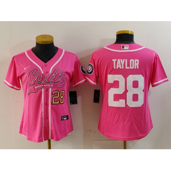 Women Indianapolis Colts 28 Jonathan Taylor Pink With Patch Cool Base Stitched Baseball Jersey 1 Women Indianapolis Colts 28 Jonathan Taylor Pink With Patch Cool Base Stitched Baseball Jersey 1