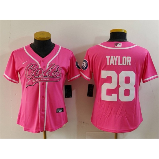 Women Indianapolis Colts 28 Jonathan Taylor Pink With Patch Cool Base Stitched Baseball Jersey Women Indianapolis Colts 28 Jonathan Taylor Pink With Patch Cool Base Stitched Baseball Jersey