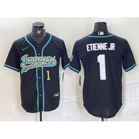 Men Jacksonville Jaguars 1 Travis Etienne Jr Black With Patch Cool Base Stitched Baseball Jersey 2 Men Jacksonville Jaguars 1 Travis Etienne Jr Black With Patch Cool Base Stitched Baseball Jersey 2