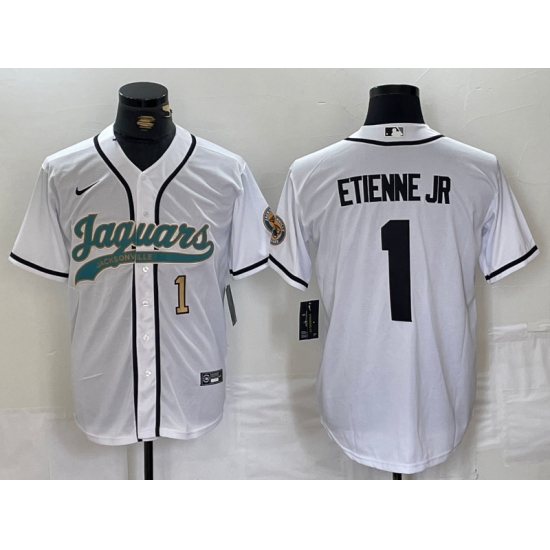 Men Jacksonville Jaguars 1 Travis Etienne Jr White With Patch Cool Base Stitched Baseball Jersey 2 Men Jacksonville Jaguars 1 Travis Etienne Jr White With Patch Cool Base Stitched Baseball Jersey 2