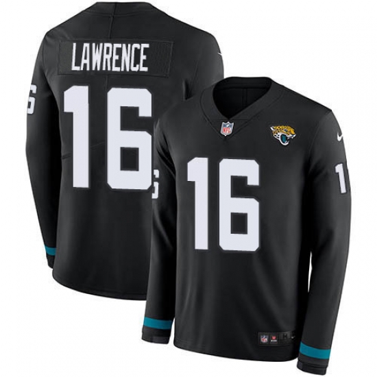 Nike Jacksonville Jaguars 16 Trevor Lawrence Black Team Color Men Stitched NFL Limited Therma Long Sleeve Jersey Nike Jacksonville Jaguars 16 Trevor Lawrence Black Team Color Men Stitched NFL Limited Therma Long Sleeve Jersey