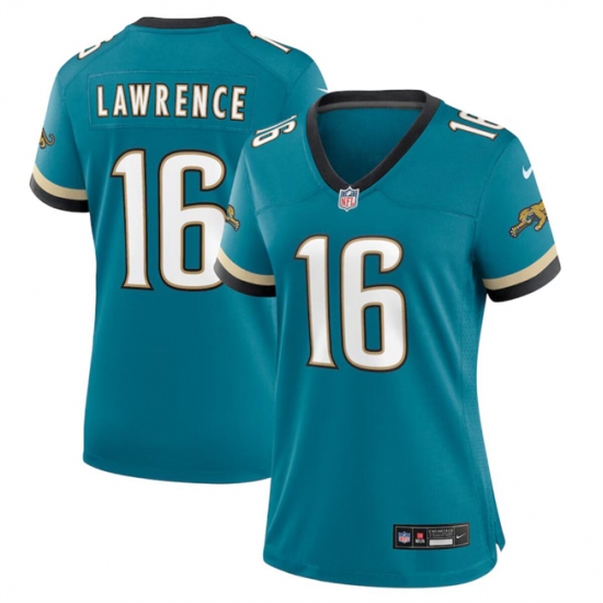 Women Jacksonville Jaguars 16 Trevor Lawrence Teal 2024 Prowler Throwback Vapor Limited Stitched Football Jersey Women Jacksonville Jaguars 16 Trevor Lawrence Teal 2024 Prowler Throwback Vapor Limited Stitched Football Jersey
