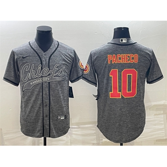 Men Kansas City Chiefs 10 Isiah Pacheco Grey With Patch Cool Base Stitched Baseball Jersey Men Kansas City Chiefs 10 Isiah Pacheco Grey With Patch Cool Base Stitched Baseball Jersey