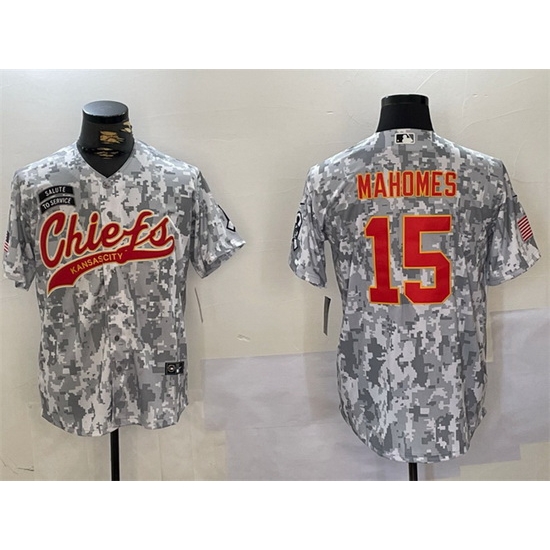 Men Kansas City Chiefs 15 Patrick Mahomes 2024 Arctic Camo Salute To Service Stitched Baseball Jersey Men Kansas City Chiefs 15 Patrick Mahomes 2024 Arctic Camo Salute To Service Stitched Baseball Jersey