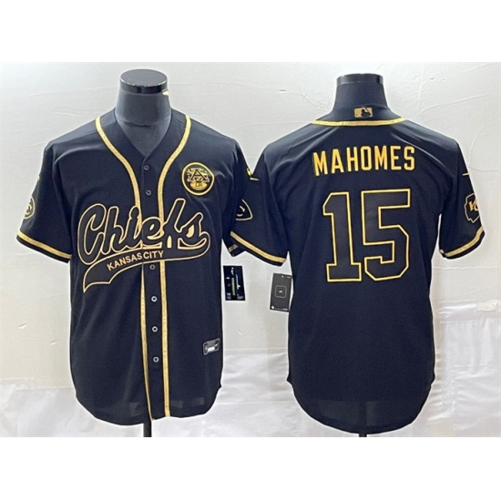 Men Kansas City Chiefs 15 Patrick Mahomes Black Gold Cool Bae Stitched Baseball Jersey Men Kansas City Chiefs 15 Patrick Mahomes Black Gold Cool Bae Stitched Baseball Jersey