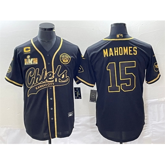 Men Kansas City Chiefs 15 Patrick Mahomes Black Gold With 4 Star C Patch And Super Bowl LVII Patch Cool Bae Stitched Baseball Jersey Men Kansas City Chiefs 15 Patrick Mahomes Black Gold With 4 Star C Patch And Super Bowl LVII Patch Cool Bae Stitched Baseball Jersey