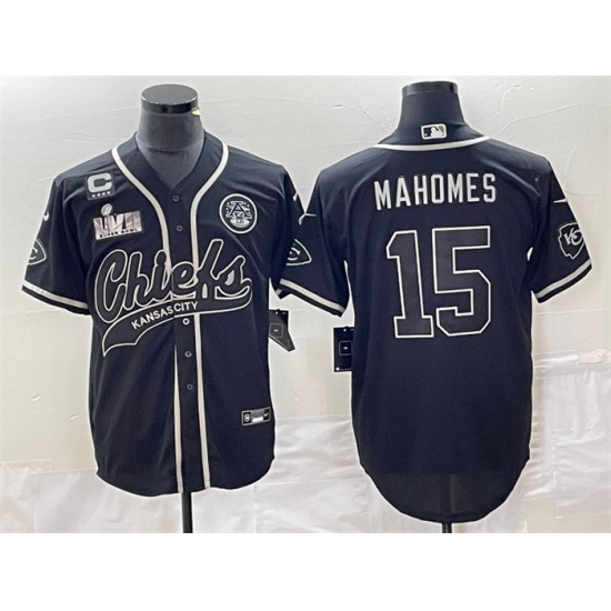 Men Kansas City Chiefs 15 Patrick Mahomes Black With 4 Star C Patch And Super Bowl LVII Patch Cool Bae Stitched Baseball Jersey Men Kansas City Chiefs 15 Patrick Mahomes Black With 4 Star C Patch And Super Bowl LVII Patch Cool Bae Stitched Baseball Jersey
