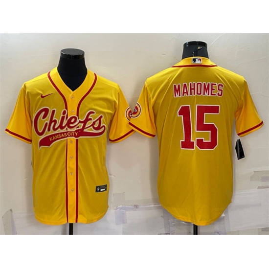 Men Kansas City Chiefs 15 Patrick Mahomes Gold With Patch Cool Base Stitched Baseball Jersey Men Kansas City Chiefs 15 Patrick Mahomes Gold With Patch Cool Base Stitched Baseball Jersey