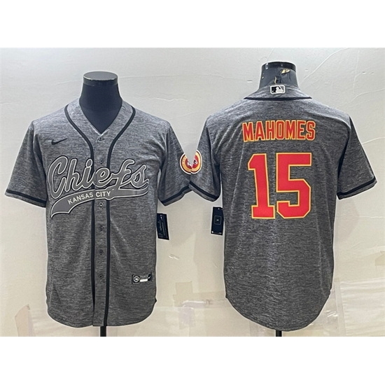Men Kansas City Chiefs 15 Patrick Mahomes Grey With Patch Cool Base Stitched Baseball Jersey Men Kansas City Chiefs 15 Patrick Mahomes Grey With Patch Cool Base Stitched Baseball Jersey