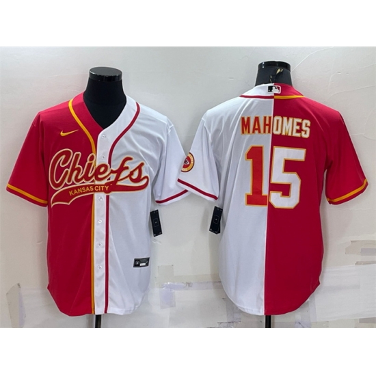 Men Kansas City Chiefs 15 Patrick Mahomes Red White Split With Patch Cool Base Stitched Baseball Jersey Men Kansas City Chiefs 15 Patrick Mahomes Red White Split With Patch Cool Base Stitched Baseball Jersey