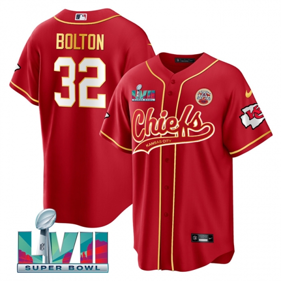 Men Kansas City Chiefs 32 Nick Bolton Red Super Bowl LVII Patch Cool Bae Stitched Baseball Jersey Men Kansas City Chiefs 32 Nick Bolton Red Super Bowl LVII Patch Cool Bae Stitched Baseball Jersey