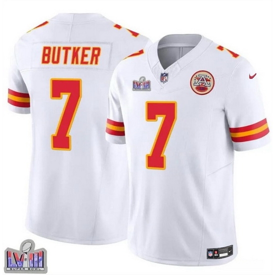 Men Kansas City Chiefs 7 Harrison Butker White F U S E Super Bowl LVIII Patch Vapor Untouchable Limited Stitched Football Jersey Men Kansas City Chiefs 7 Harrison Butker White F U S E Super Bowl LVIII Patch Vapor Untouchable Limited Stitched Football Jersey