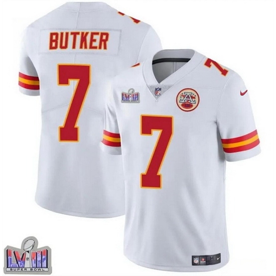 Men Kansas City Chiefs 7 Harrison Butker White Super Bowl LVIII Patch Vapor Untouchable Limited Stitched Football Jersey Men Kansas City Chiefs 7 Harrison Butker White Super Bowl LVIII Patch Vapor Untouchable Limited Stitched Football Jersey