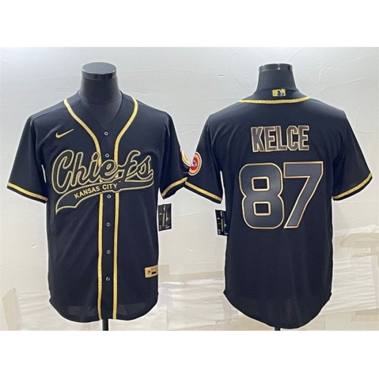 Men Kansas City Chiefs 87 Travis Kelce Black Gold With Patch Cool Base Stitched Baseball Jersey Men Kansas City Chiefs 87 Travis Kelce Black Gold With Patch Cool Base Stitched Baseball Jersey