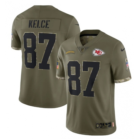 Men Kansas City Chiefs 87 Travis Kelce Olive 2022 Salute To Service Limited Stitched Jersey Men Kansas City Chiefs 87 Travis Kelce Olive 2022 Salute To Service Limited Stitched Jersey
