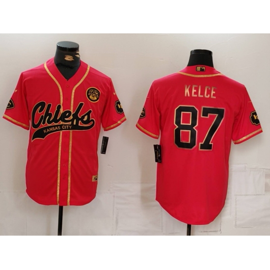 Men Kansas City Chiefs 87 Travis Kelce Red Gold Cool Base Stitched Baseball Jersey Men Kansas City Chiefs 87 Travis Kelce Red Gold Cool Base Stitched Baseball Jersey