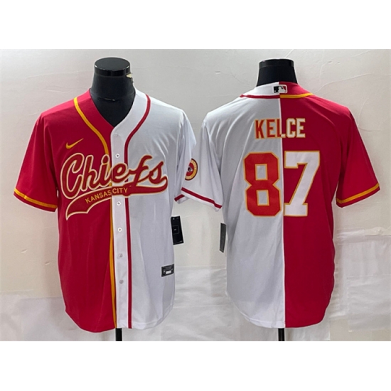 Men Kansas City Chiefs 87 Travis Kelce Red White Split Cool Base Stitched Baseball Jersey Men Kansas City Chiefs 87 Travis Kelce Red White Split Cool Base Stitched Baseball Jersey