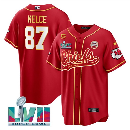 Men Kansas City Chiefs 87 Travis Kelce Red With 4 Star C Patch And Super Bowl LVII Patch Cool Bae Stitched Baseball Jersey Men Kansas City Chiefs 87 Travis Kelce Red With 4 Star C Patch And Super Bowl LVII Patch Cool Bae Stitched Baseball Jersey