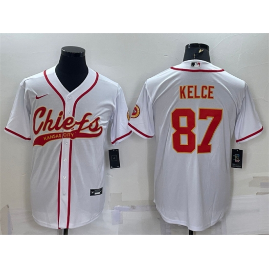 Men Kansas City Chiefs 87 Travis Kelce White With Patch Cool Base Stitched Baseball Jersey Men Kansas City Chiefs 87 Travis Kelce White With Patch Cool Base Stitched Baseball Jersey