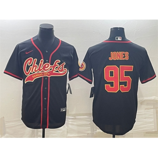 Men Kansas City Chiefs 95 Chris Jones Black With Patch Cool Base Stitched Baseball Jersey Men Kansas City Chiefs 95 Chris Jones Black With Patch Cool Base Stitched Baseball Jersey