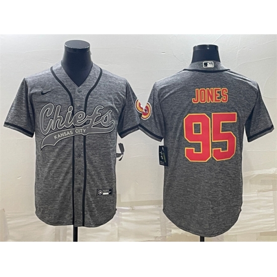 Men Kansas City Chiefs 95 Chris Jones Grey With Patch Cool Base Stitched Baseball Jersey Men Kansas City Chiefs 95 Chris Jones Grey With Patch Cool Base Stitched Baseball Jersey