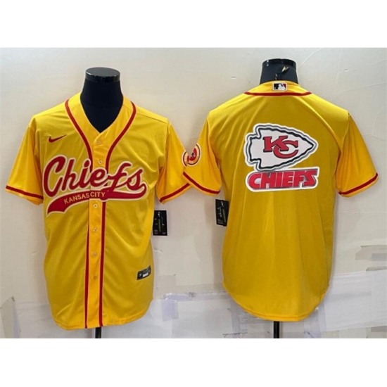 Men Kansas City Chiefs Gold Team Big Logo With Patch Cool Base Stitched Baseball Jersey Men Kansas City Chiefs Gold Team Big Logo With Patch Cool Base Stitched Baseball Jersey