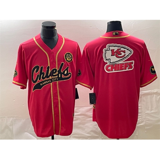 Men Kansas City Chiefs Red Gold Team Big Logo With Patch Cool Base Stitched Baseball Jersey Men Kansas City Chiefs Red Gold Team Big Logo With Patch Cool Base Stitched Baseball Jersey