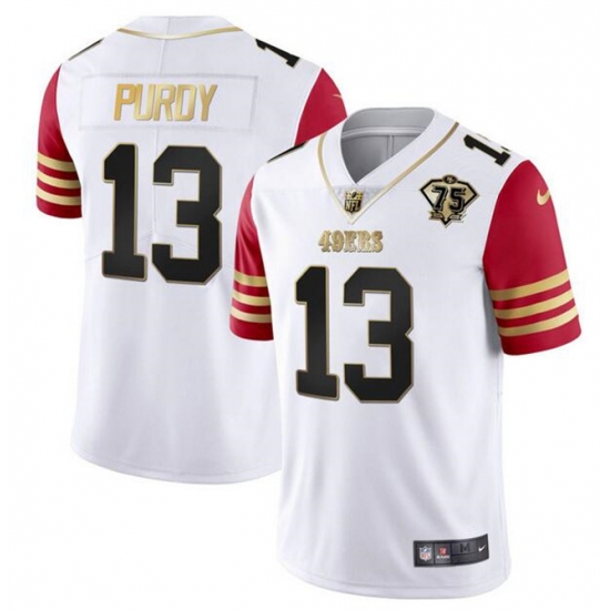 Men San Francisco 49ers 13 Brock Purdy White Red With 75th Anniversary Patch Stitched Jersey Men San Francisco 49ers 13 Brock Purdy White Red With 75th Anniversary Patch Stitched Jersey