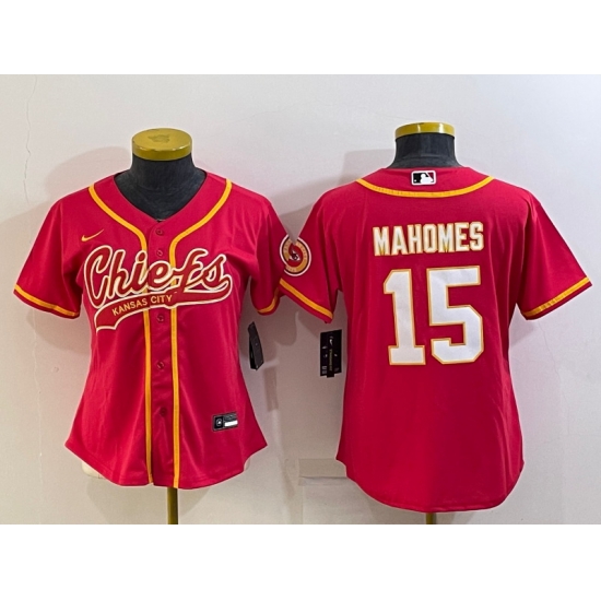 Women Kansas City Chiefs 15 Patrick Mahomes Red With Patch Cool Base Stitched Baseball Jersey Women Kansas City Chiefs 15 Patrick Mahomes Red With Patch Cool Base Stitched Baseball Jersey