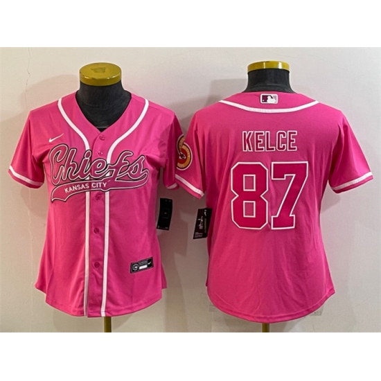 Women Kansas City Chiefs 87 Travis Kelce Pink With Patch Cool Base Stitched Baseball Jersey Women Kansas City Chiefs 87 Travis Kelce Pink With Patch Cool Base Stitched Baseball Jersey