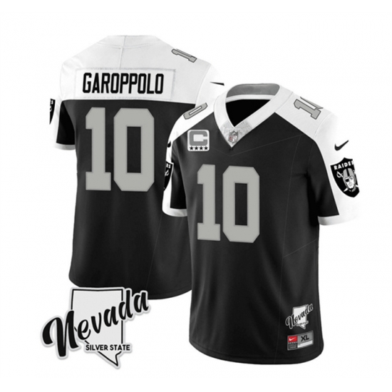 Men Las Vegas Raiders 10 Jimmy Garoppolo Black White 2023 F U S E Nevada Silver Stat With 4 Star C Patch Stitched Football Jersey Men Las Vegas Raiders 10 Jimmy Garoppolo Black White 2023 F U S E Nevada Silver Stat With 4 Star C Patch Stitched Football Jersey