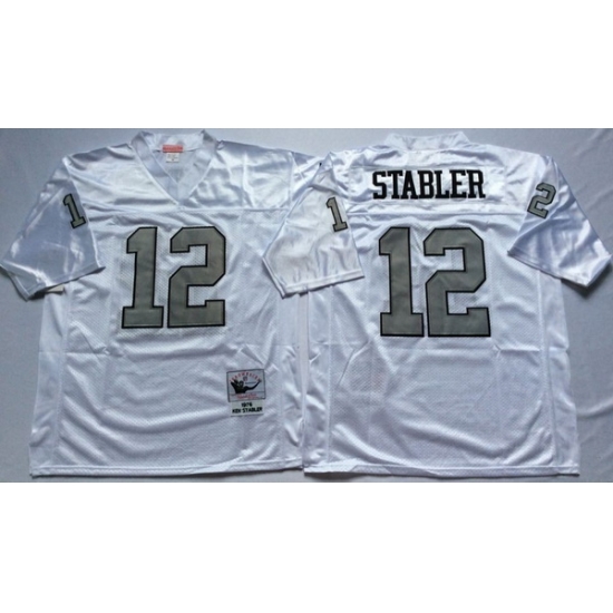 Men Las Vegas Raiders 12 Ken Stabler White Silver M&N Throwback Jersey Men Las Vegas Raiders 12 Ken Stabler White Silver M&N Throwback Jersey