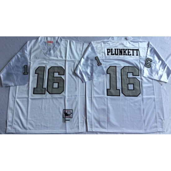 Men Las Vegas Raiders 16 Jim Plunkett White Silver M&N Throwback Jersey Men Las Vegas Raiders 16 Jim Plunkett White Silver M&N Throwback Jersey