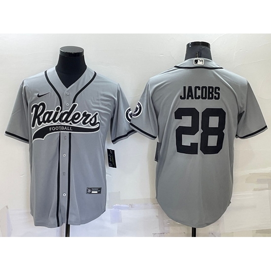 Men Las Vegas Raiders 28 Josh Jacobs Grey Cool Base Stitched Baseball Jersey Men Las Vegas Raiders 28 Josh Jacobs Grey Cool Base Stitched Baseball Jersey