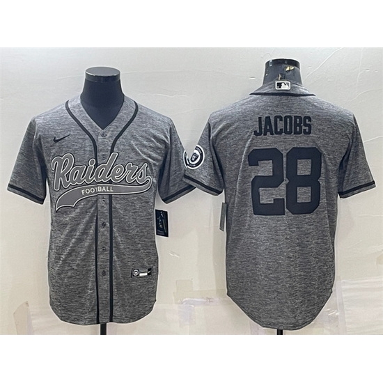 Men Las Vegas Raiders 28 Josh Jacobs Grey With Patch Cool Base Stitched Baseball Jersey Men Las Vegas Raiders 28 Josh Jacobs Grey With Patch Cool Base Stitched Baseball Jersey