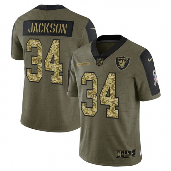 Men Las Vegas Raiders 34 Bo Jackson 2021 Salute To Service Olive Camo Limited Stitched Jersey Men Las Vegas Raiders 34 Bo Jackson 2021 Salute To Service Olive Camo Limited Stitched Jersey