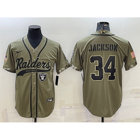 Men Las Vegas Raiders 34 Bo Jackson 2022 Olive Salute To Service Cool Base Stitched Baseball Jersey Men Las Vegas Raiders 34 Bo Jackson 2022 Olive Salute To Service Cool Base Stitched Baseball Jersey