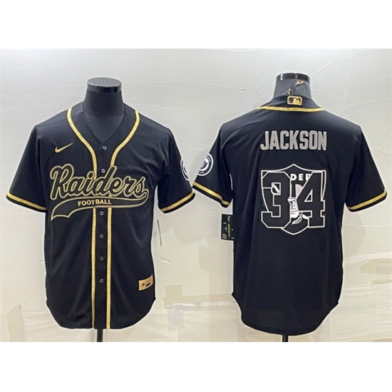 Men Las Vegas Raiders 34 Bo Jackson Black Gold Team Big Logo With Patch Cool Base Stitched Baseball Jersey Men Las Vegas Raiders 34 Bo Jackson Black Gold Team Big Logo With Patch Cool Base Stitched Baseball Jersey