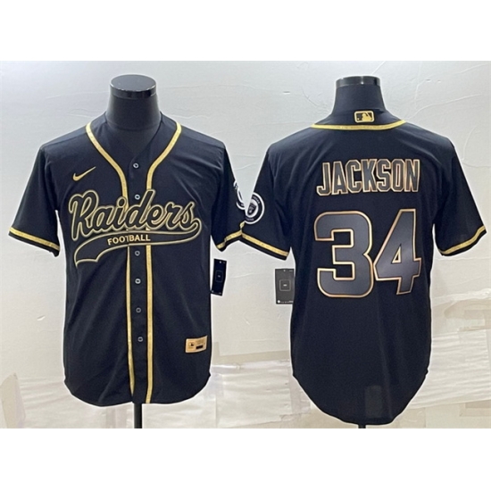 Men Las Vegas Raiders 34 Bo Jackson Black Gold With Patch Cool Base Stitched Baseball Jersey Men Las Vegas Raiders 34 Bo Jackson Black Gold With Patch Cool Base Stitched Baseball Jersey